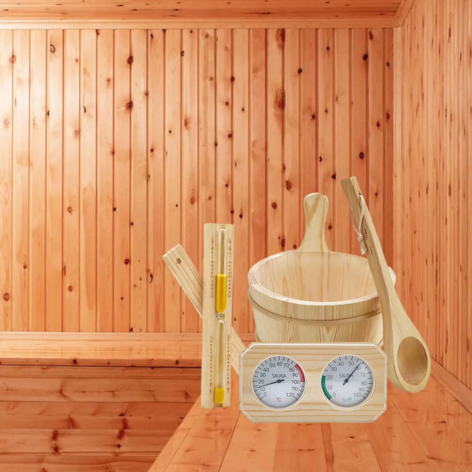 Juego de accesorios para sauna, regalos resistentes de 4L, termómetro multifuncional, higrómetro, reloj de arena, temporizador, cucharón para el hogar, baño, SPA - imagen 3