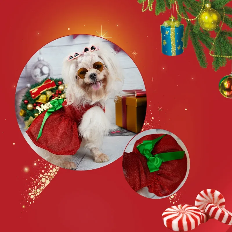 Traje de vacaciones para perros pequeños y medianos, vestido navideño para perros, diseño brillante con lazo en contraste, ropa festiva para mascotas