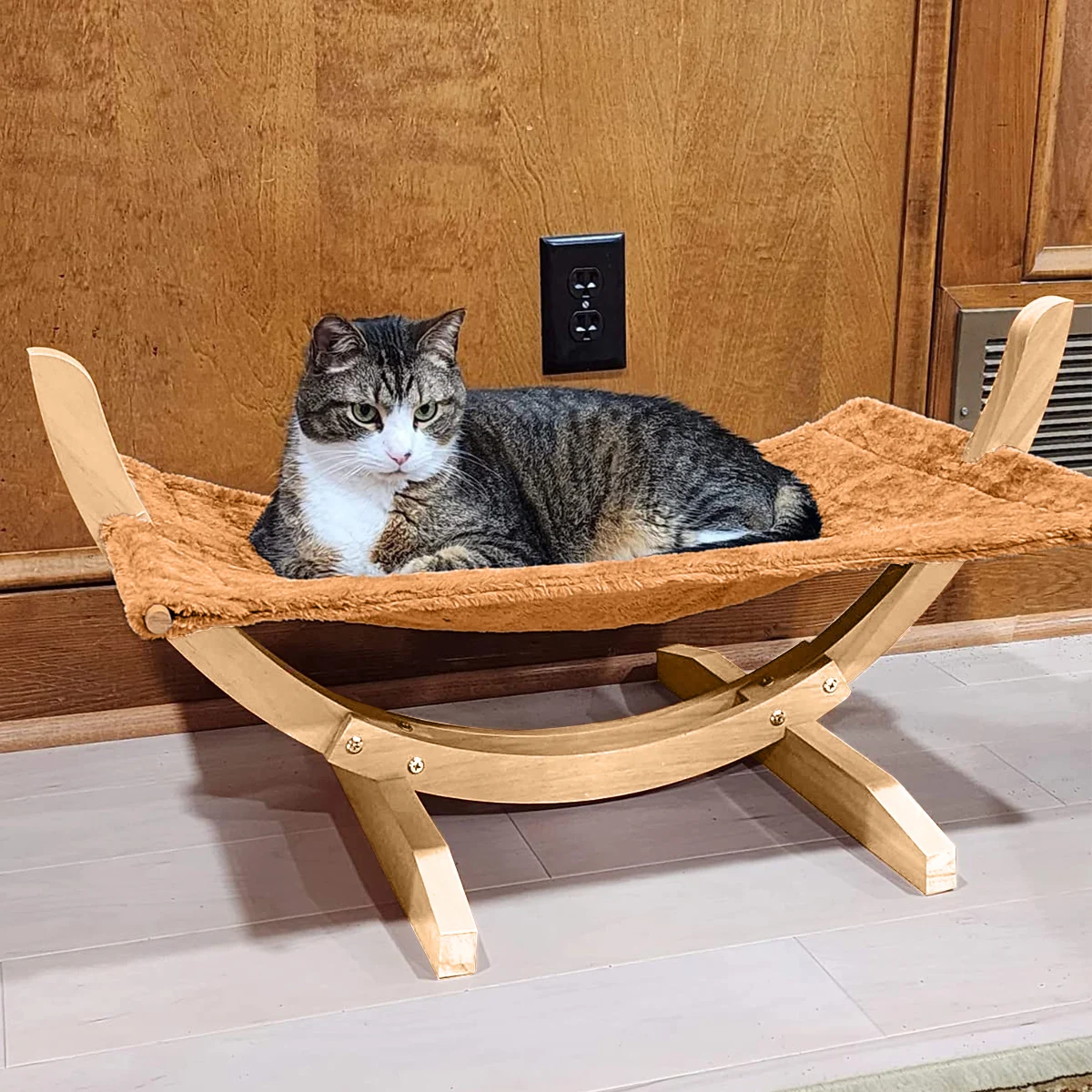 Cama de madera maciza para gatos, hamaca con manta para dormir, transpirable, fácil de montar, para interiores y exteriores, suministros para mascotas - imagen 5