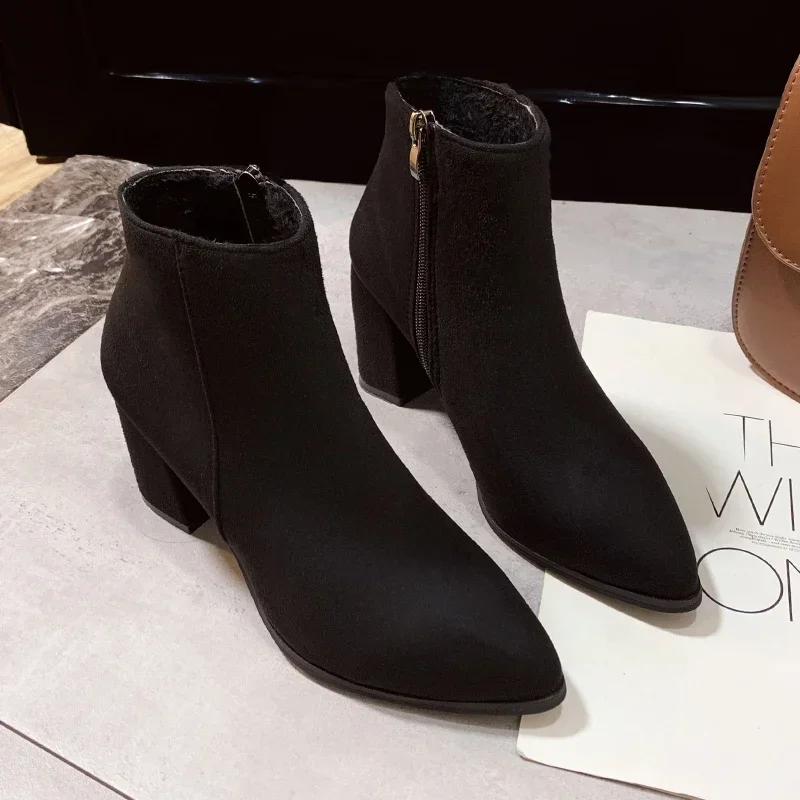 Botas cortas con punta estrecha y tacón grueso para mujer, botines con cremallera lateral fina, cómodas y desnudas, otoño e invierno, 2024 - imagen 2