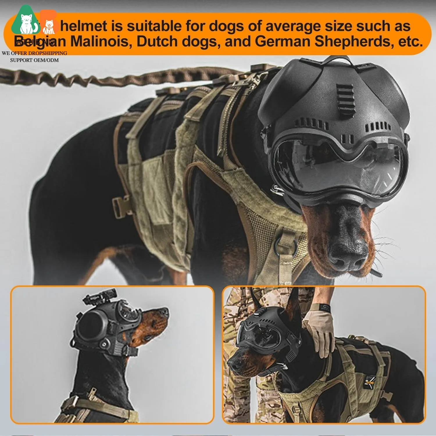 Casco táctico para perro con gafas protectoras y correa ajustable - imagen 3