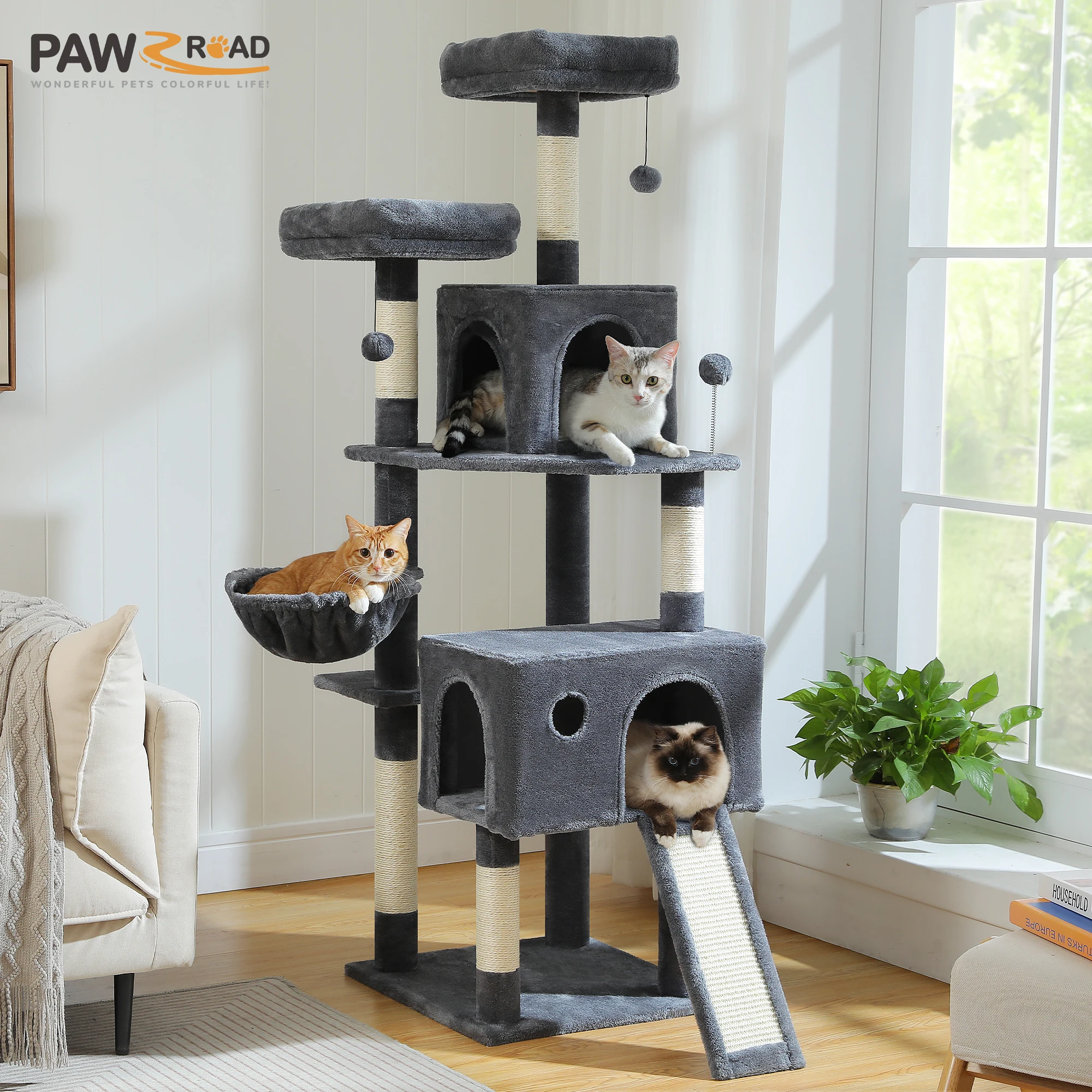 Torre de árbol para gatos de varios niveles con poste rascador de Sisal y almohadilla, hamaca acogedora, Condo grande de lujo para gatos de interior, accesorios para gatos de juguete
