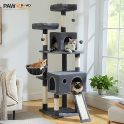 Torre de arbol para gatos con poste rascador de sisal, hamaca y condo
