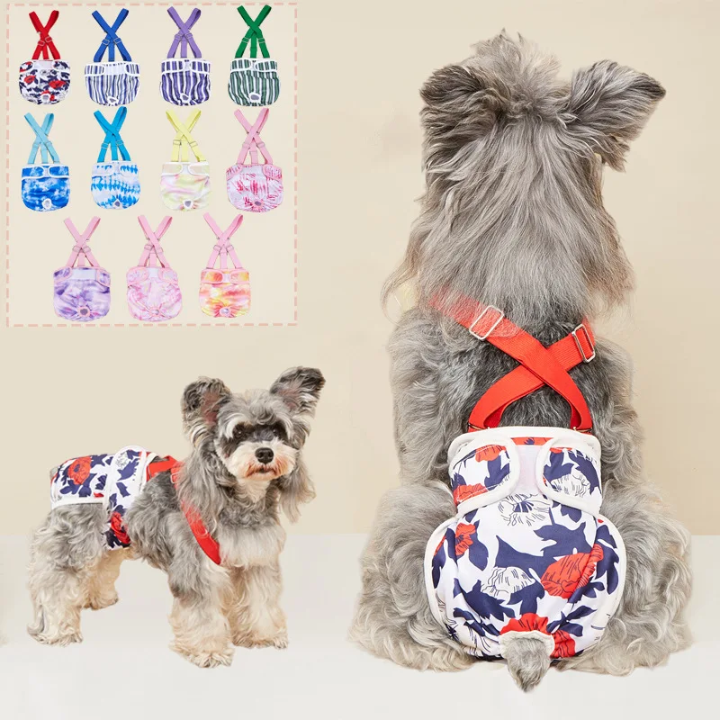 Pañales para perros femeninos con tirantes, pañales para cachorros reutilizables y lavables para perros pequeños y medianos en incontinencia del período de calor