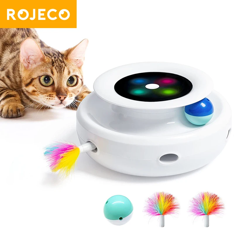 ROJECO-juguetes inteligentes 2 en 1 para gatos, juego de pelota divertida con plumas automáticas para perros y gatos, 5 modos, accesorios electrónicos interactivos para juguetes para mascotas