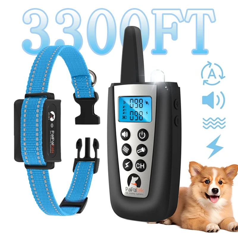 Collar de corteza de perro de 3300 pies, Collar de choque automático para perros pequeños, medianos y grandes con 5 sensibilidad ajustable e impermeable, linterna