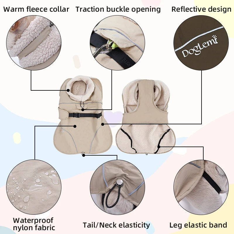 Abrigo cálido impermeable para perros al aire libre, chaqueta gruesa con forro polar para perros, ropa reflectante ajustable a prueba de viento para perros, ropa para perros masculinos - imagen 3