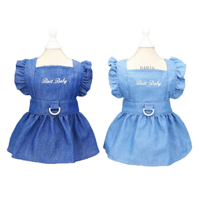 Vestido de estilo fino para perros y mascotas, ropa vaquera bordada con letras para perros pequeños, arnés para cachorros y gatos, chaleco, faldas de verano para perros y niñas, Yorkies - imagen 2