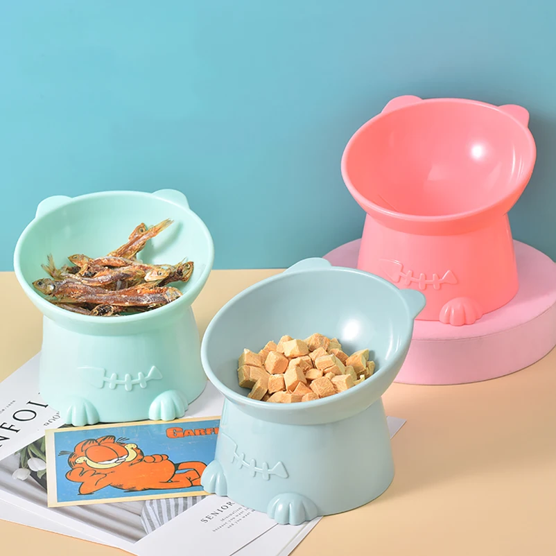 Cuenco de plástico con inclinación para gato, protección de cuello de pie alto, antinegro, suministros para mascotas