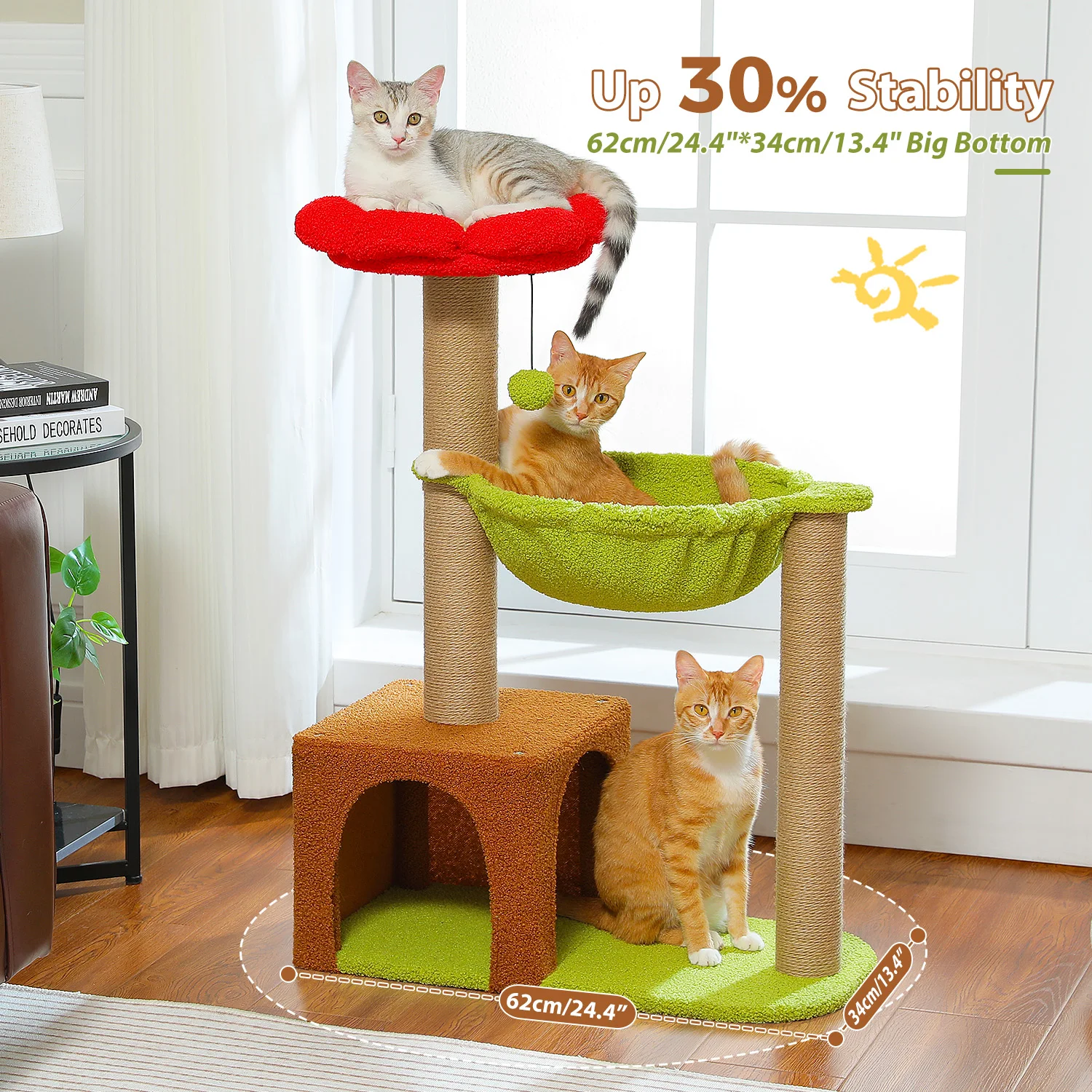 Torre de árbol para gatos con poste rascador de Sisal Natural, percha superior de flores acogedora, accesorios para gatos con pompón juguetón, muebles para gatos