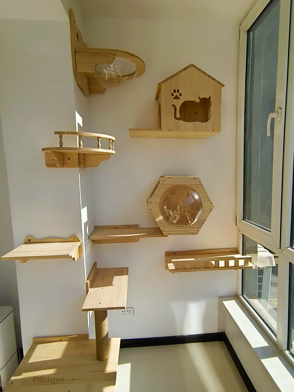 Juego de muebles de madera maciza montados en la pared, marco de escalada para gatos, hamaca, poste rascador, estante con plataforma de salto de Sisal, escalón de escalera