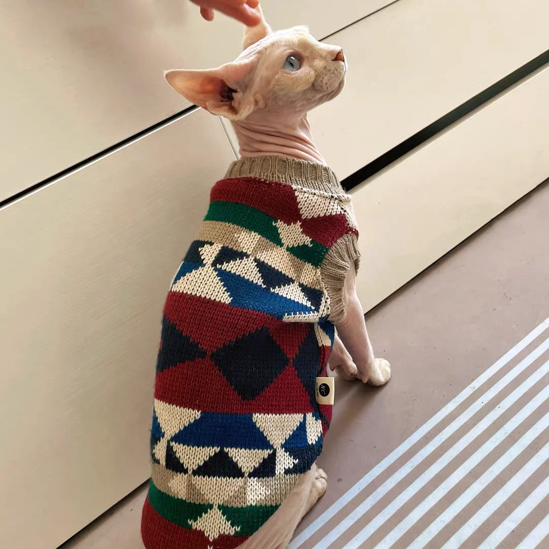 Abrigo de punto de Navidad para gato, ropa de salón para gato Sphynx, chaleco de suéter británico clásico de invierno, suministros para gatos de vacaciones - imagen 3