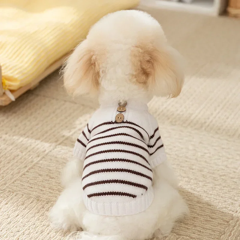 Suéter con botones a rayas simples para perros en otoño e invierno, suéter de punto cálido para gatos, ropa para mascotas, ropa para cachorros - imagen 2