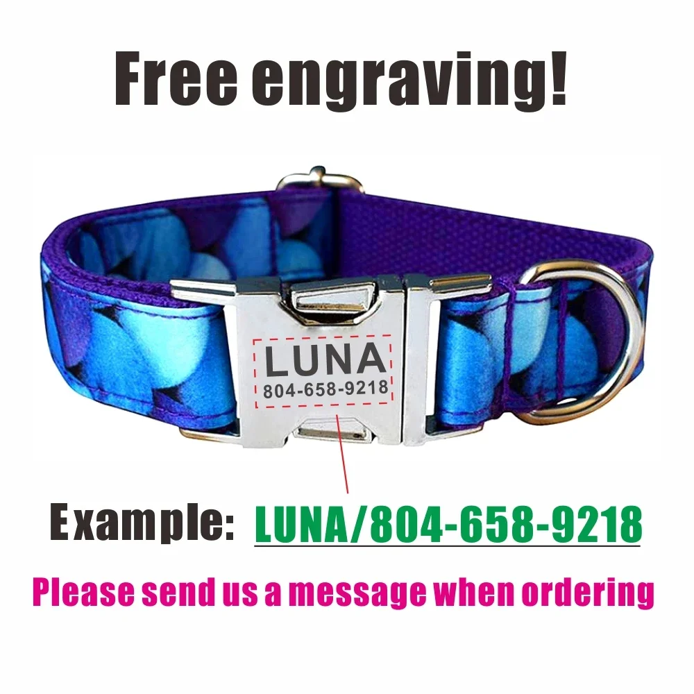 Collar de perro personalizado con grabado gratuito, correa para mascotas a juego, hebilla de Metal de contactos personalizados, Collar de cachorro de sirena azul - imagen 4