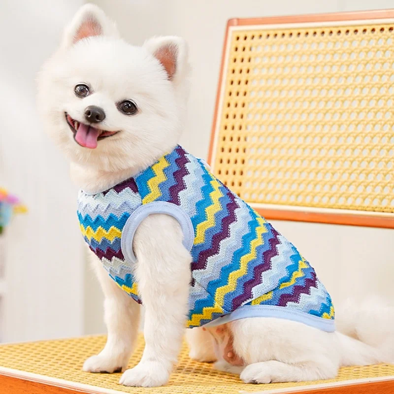 Lindo chaleco a rayas para perros, ropa fina de verano para perros, camisa transpirable para cachorros, jerseys para gatos a la moda, chaleco para mascotas, ropa para perros caniche Yorkshire - imagen 4
