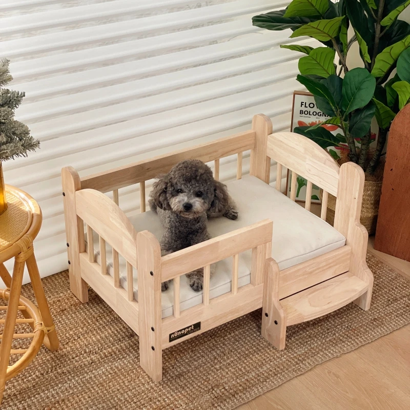 Cama para mascotas, valla de madera maciza a prueba de humedad, nido para perros y gatos, almohadilla de lavado desmontable de lona, suministros de muebles para mascotas, camas de decoración - imagen 2