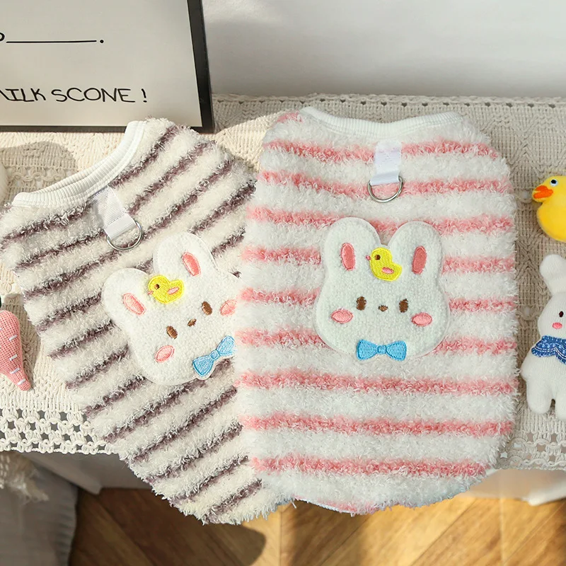 Chaleco de felpa a rayas para otoño e invierno, chaqueta cálida de peluche para gatos, suministros para mascotas, ropa para perros pequeños, ropa para cachorros - imagen 4