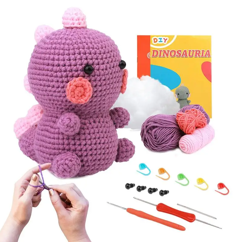 Kit de ganchillo de dinosaurio para principiantes, manualidades de bricolaje, juego de manualidades de dinosaurio de dibujos animados suaves, muñecas de tejer de dinosaurio lindas educativas, regalos - imagen 3