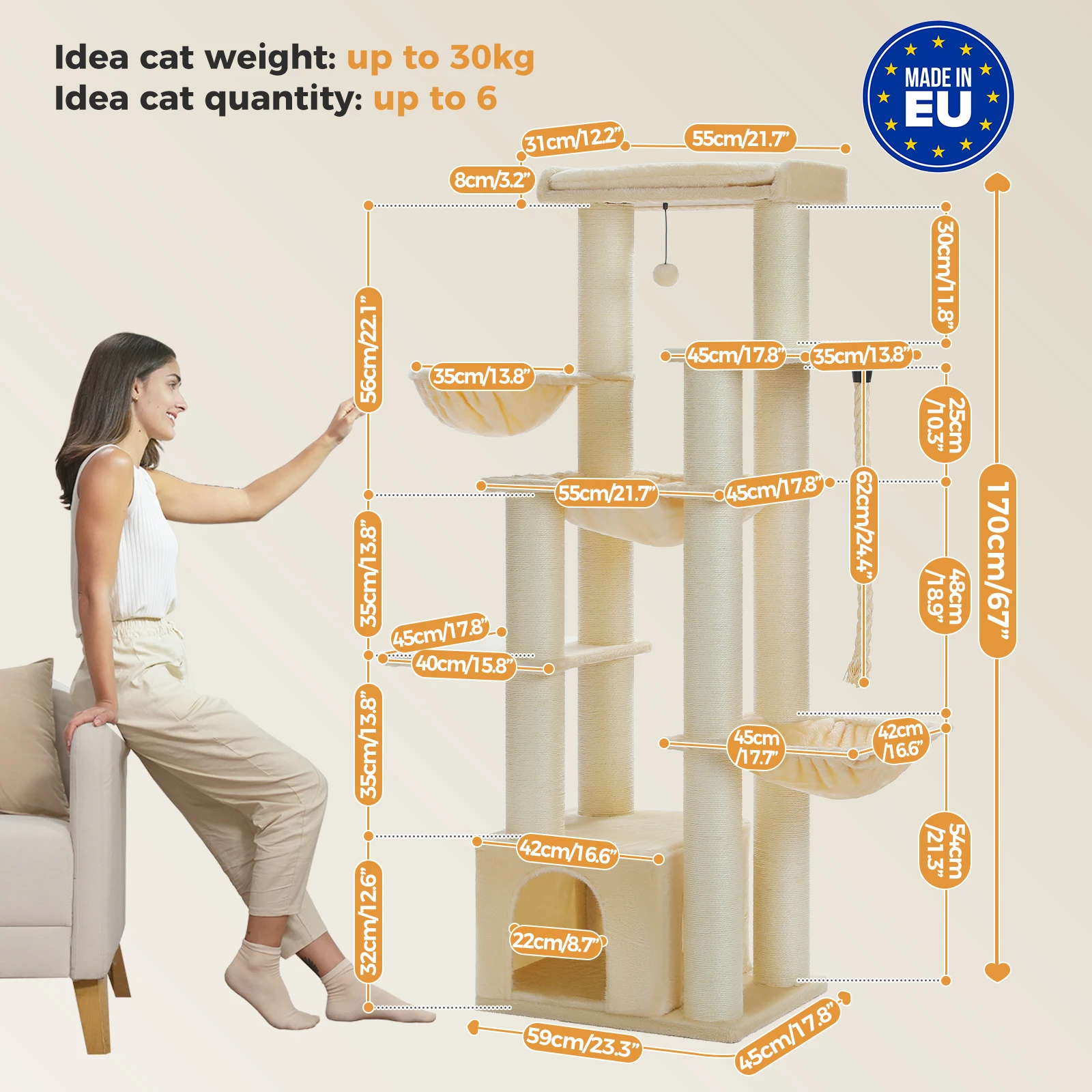 Árbol grande para gatos grandes, torre robusta para gatos con varios niveles, casa para gatos, árbol trepador con hamaca, 11 postes de Sisal, percha grande - imagen 5