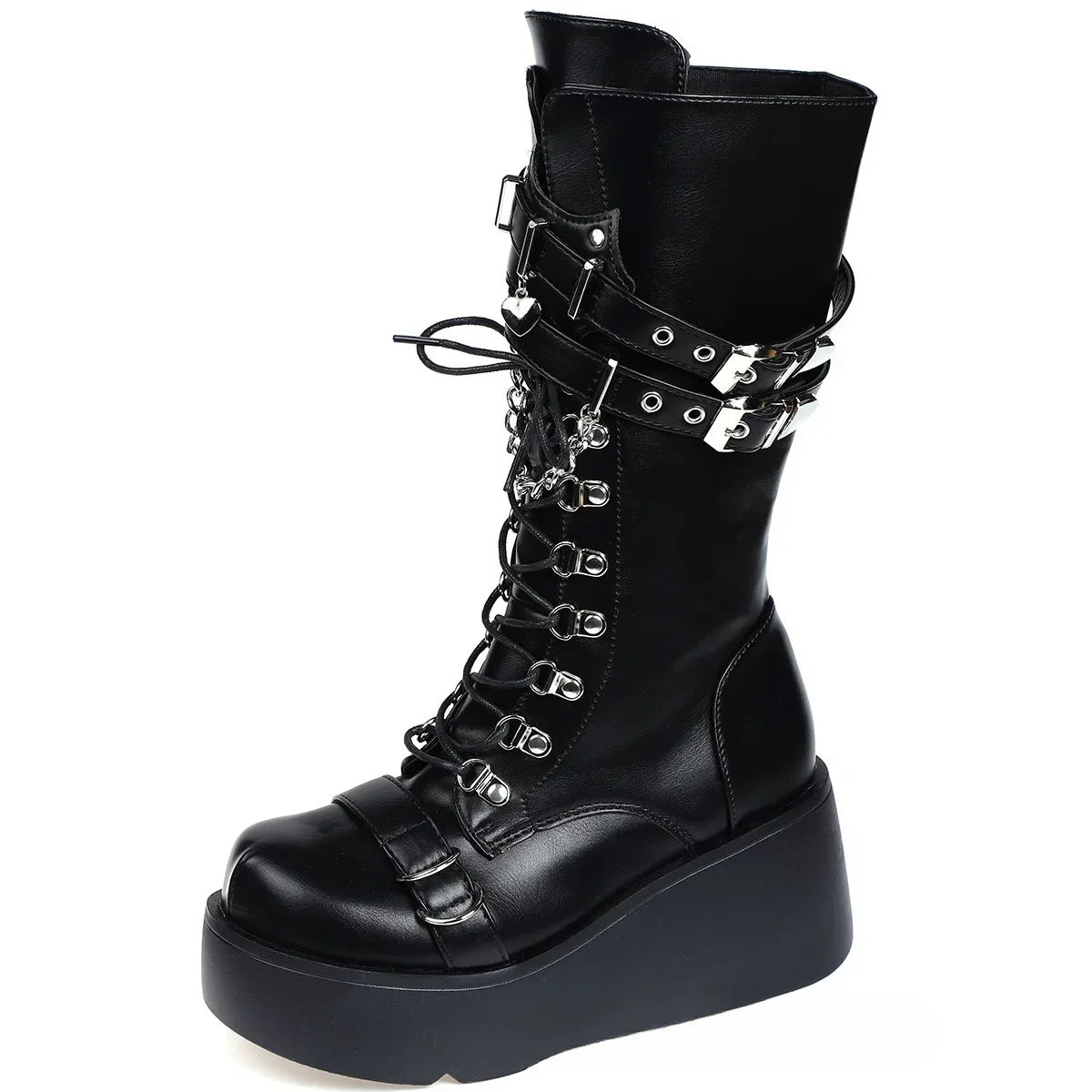 Botas de plataforma con hebilla remachada para mujer, botas altas Punk Spice Chic Biker Rider - imagen 5
