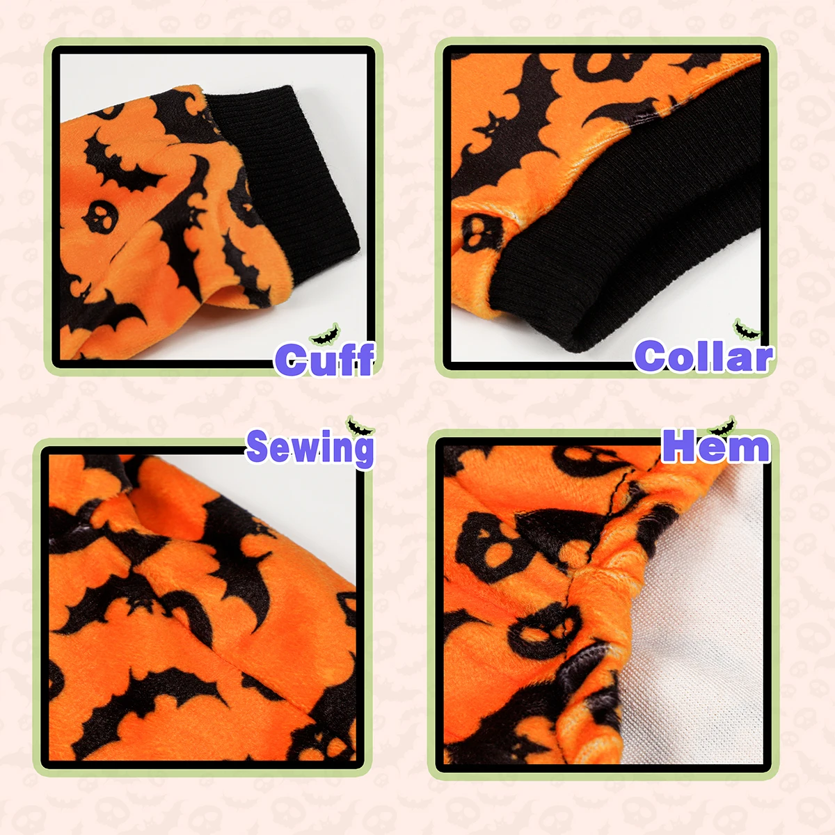 Disfraz de pijama para perro de Halloween: traje de cuatro patas con estampado de murciélago y calaveras, perfecto para perros pequeños, medianos y grandes - imagen 5