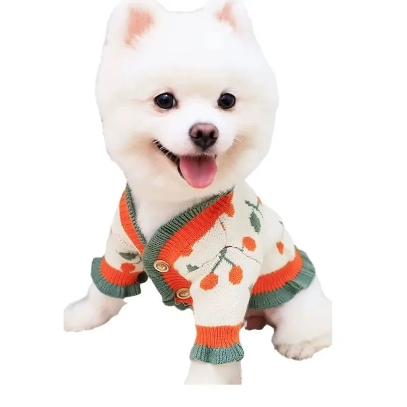 Ropa cálida de cereza para perros, suéter de Pomerania, caniche, punto de flores, Schnauzer, ropa de invierno para perros pequeños, ropa informal de dos patas - imagen 5