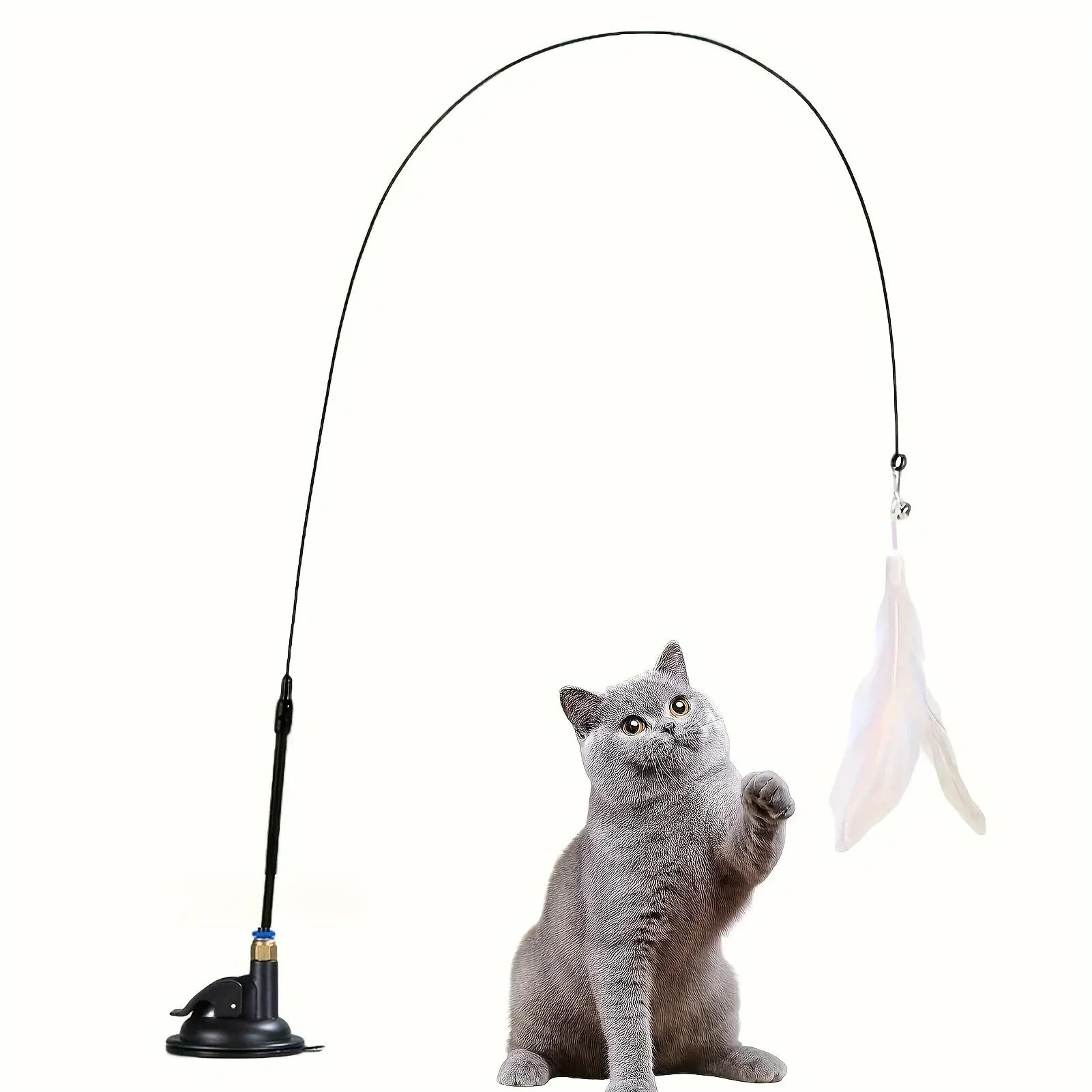 Palo teaser para gatos con campana, pluma, ventosa de varilla larga