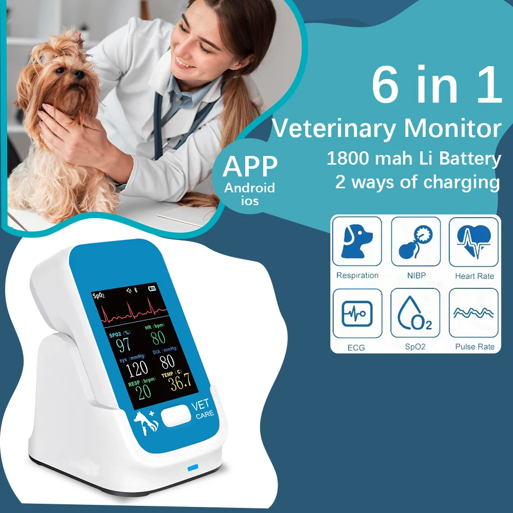 Monitor portátil multiparámetro veterinario mascota Animal señales vitales en tiempo Real monitoreando con aplicación Bluetooth para Android iOS