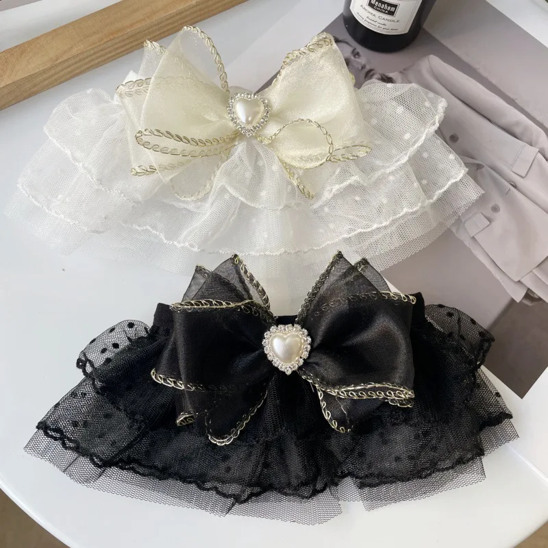 Bufanda de malla con lazo de primavera para mascotas, Collar dulce con tachuelas de perlas, pajarita de diamante, decoración, accesorios para perros pequeños