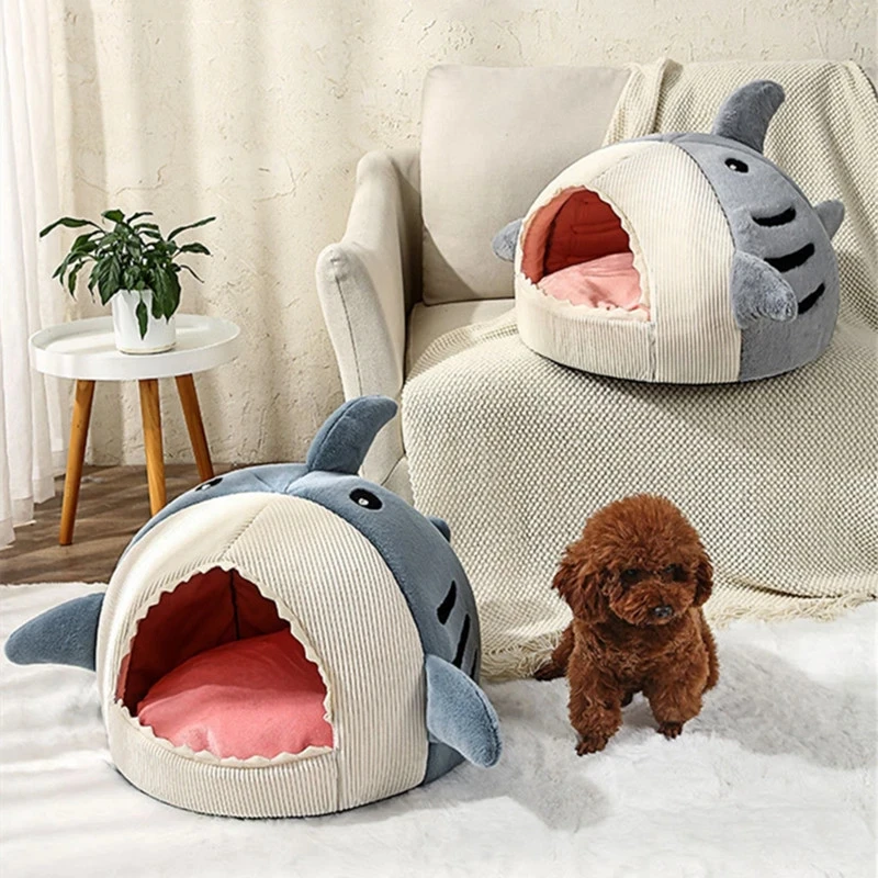 Cama para mascotas con forma de tiburón cálida para invierno, perrera semicerrada para perros y gatos, alfombrilla suave lavable, diseño de boca grande, bolsa para dormir, cesta - imagen 2