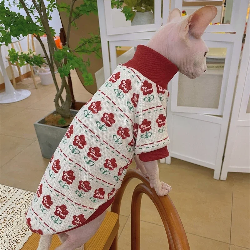 Suéter verde, camiseta interior roja, traje de Navidad para gato sin pelo en invierno, chaqueta polar gruesa cálida para disfraces dulces Devon Rex - imagen 4
