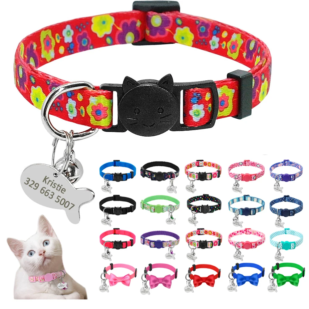 Collar de nailon ajustable con grabado para gato, etiqueta de identificación personalizada para gatito, accesorios para cachorros, collares para perros pequeños, suministros para mascotas