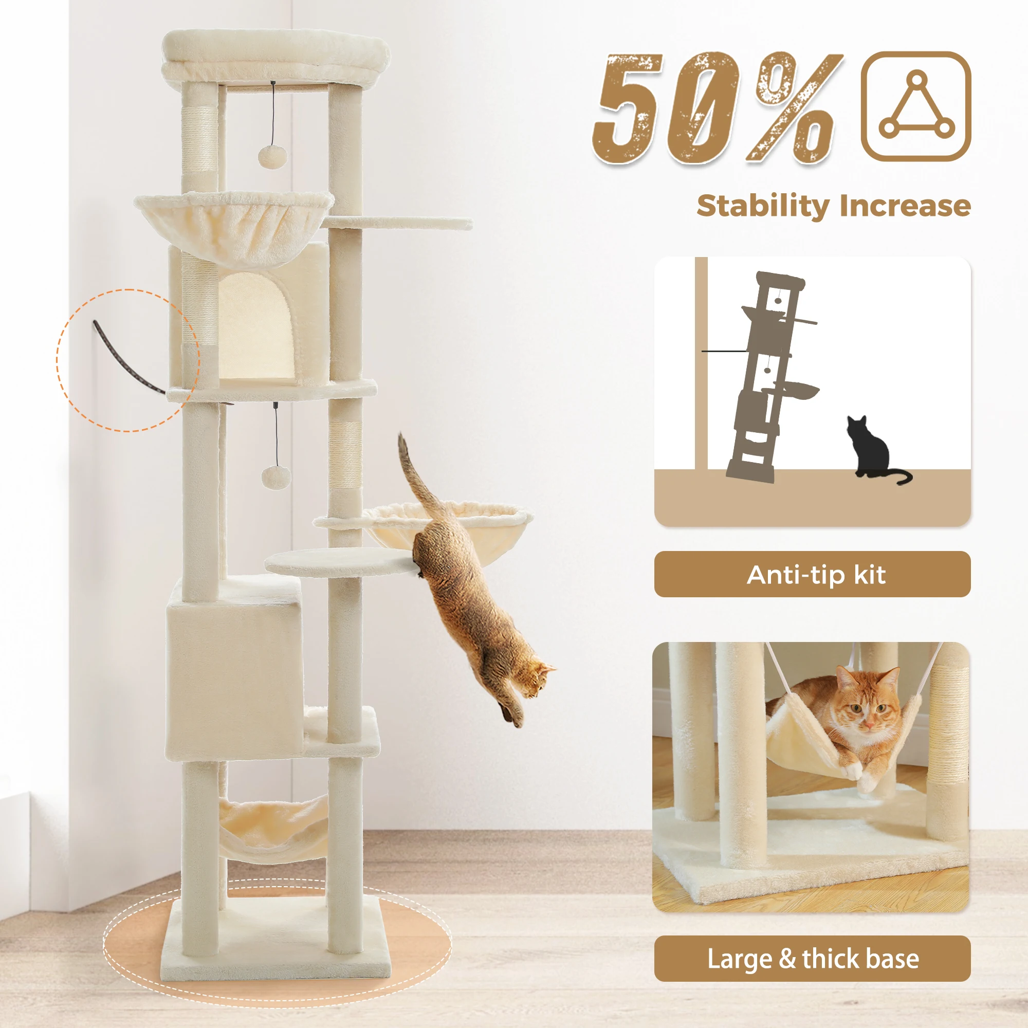 Árbol de lujo para gatos con postes rascadores de sisal, gran condominio, hamaca acogedora, torre de varios niveles para gatos de interior, rascaderos para gato, casa cama mullida para gatos, juguetes para gatos - imagen 4