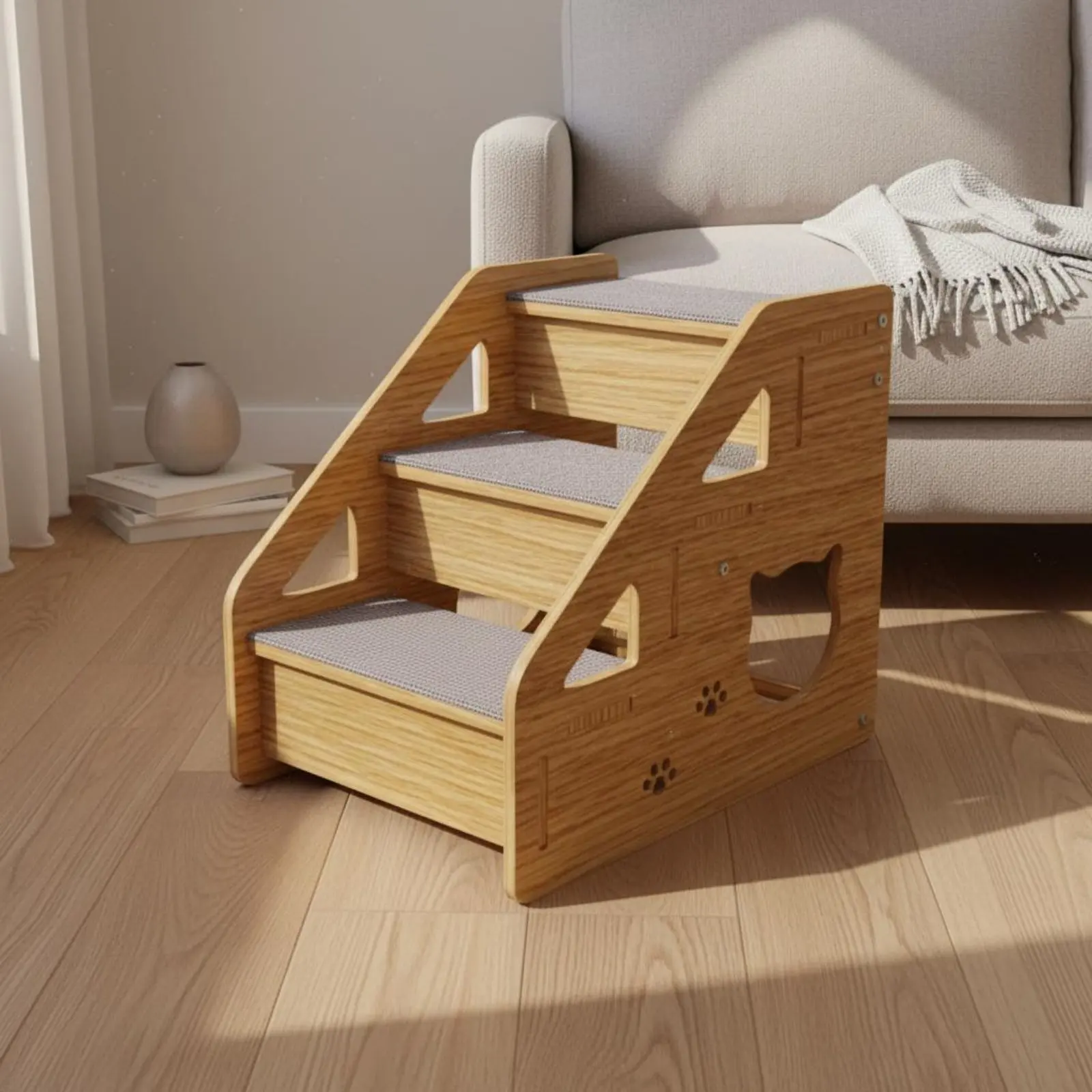 Escalera de madera para gatos y perros – 3 niveles antideslizante - imagen 4