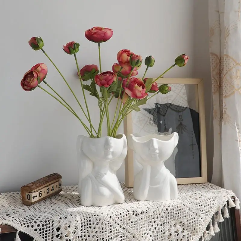 Jarrón de cerámica con cabeza para decoración, florero pequeño blanco, jarrones de flores modernos únicos, decoraciones de mesa para sala de estar, nórdico - imagen 2