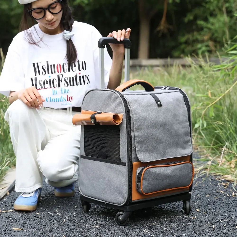 Caja con carrito para mascotas, bolsa plegable y transpirable para gatos, carrito con ruedas portátil de viaje de gran capacidad, transportadores para mascotas, productos y accesorios - imagen 2