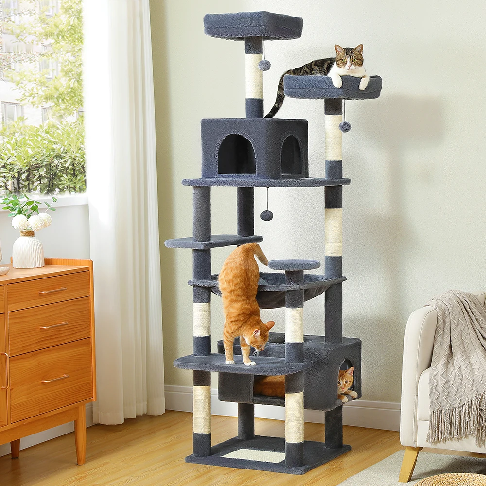 Árbol para gatos grande de varios niveles, postes y tablero para rascar cubiertos de Sisal, hamaca, condominio para gatos, percha superior espacioso, pelota colgante, juguetes para gatos