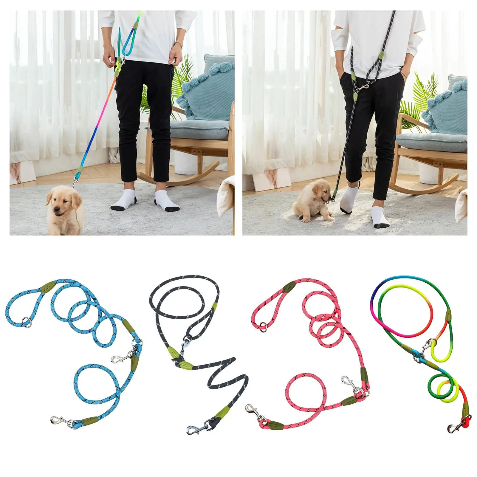 Heavy Duty Dog Leash Rope Hands Free Double Head Leashes Belt Braided Rope Polyester No Pull Slip Rope for Large Medium Dog Pet