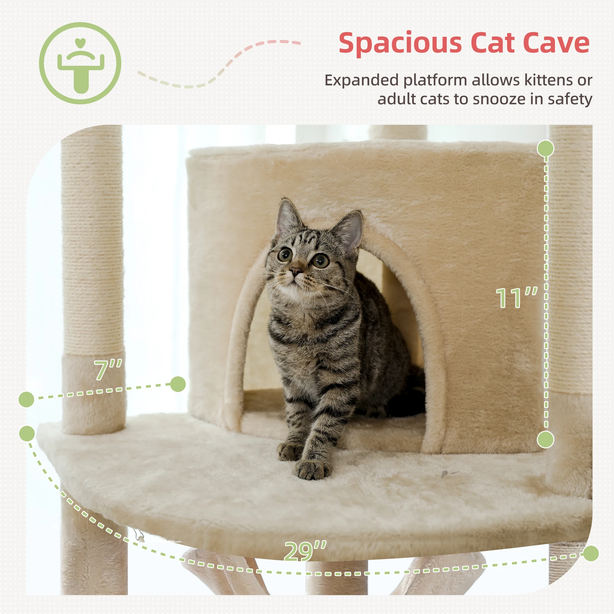 Torre de árbol para gatos segura y ajustable de 236-258cm con poste rascador Natural, percha acrílica única, hamacas, cueva para gatos de interior - imagen 4