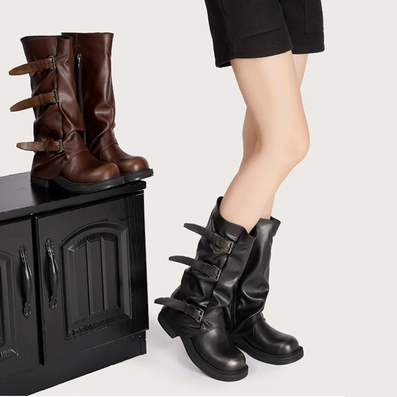 Botas medias de plataforma gruesa Retro con punta redonda para mujer, botas de caballero con hebilla Punk de diseñador de marca, Otoño Invierno, chicas de calle alta - imagen 4