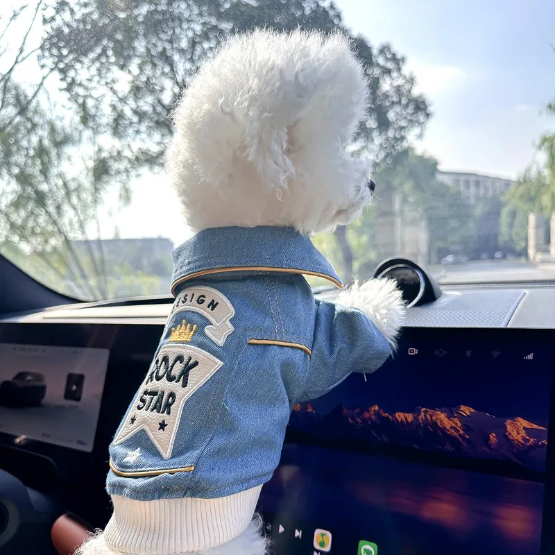 Chaquetas de invierno a la moda para mascotas, chaqueta azul con bordado de roca, ropa para mascotas, ropa para perros y gatos, ropa bonita de tracción para cachorros - imagen 3