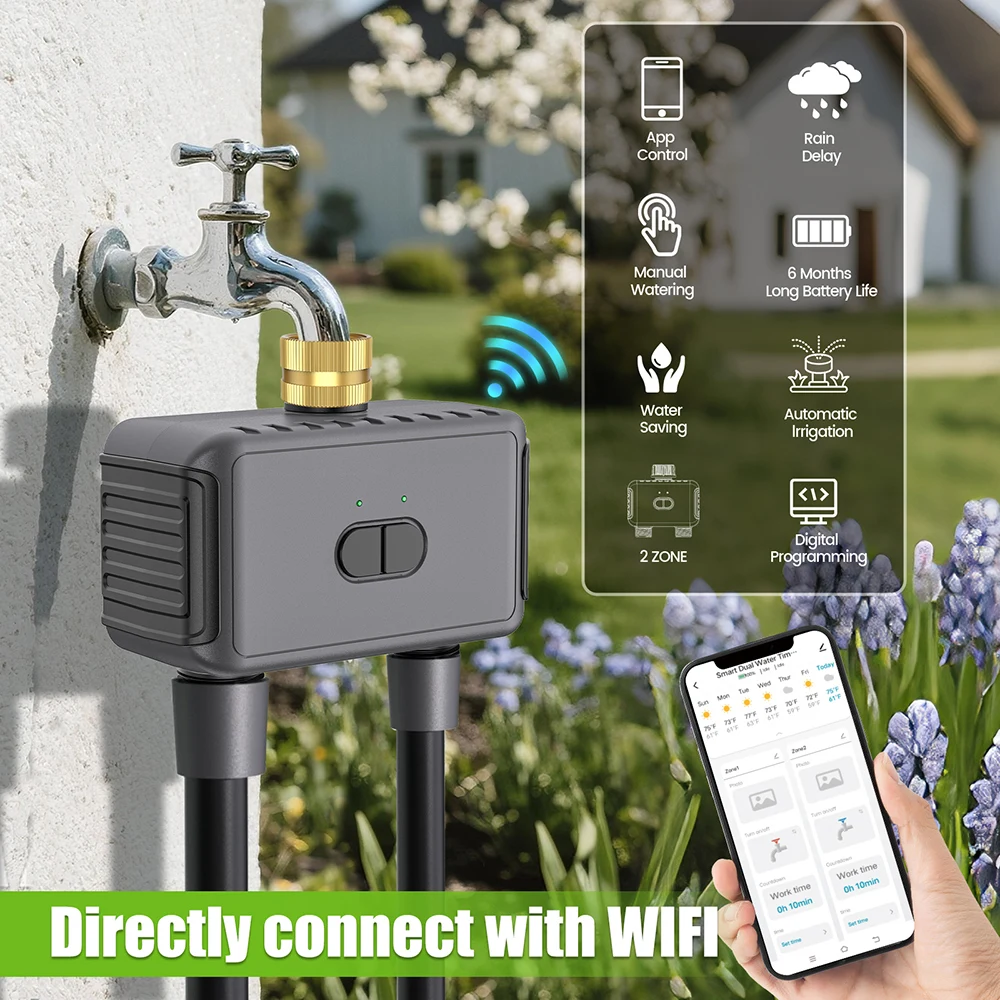 Temporizador de agua inteligente Tuya WiFi, 2 salidas, temporizador de aspersor, sistema de riego de jardín, controlador de riego por goteo, programador de retardo de lluvia - imagen 2