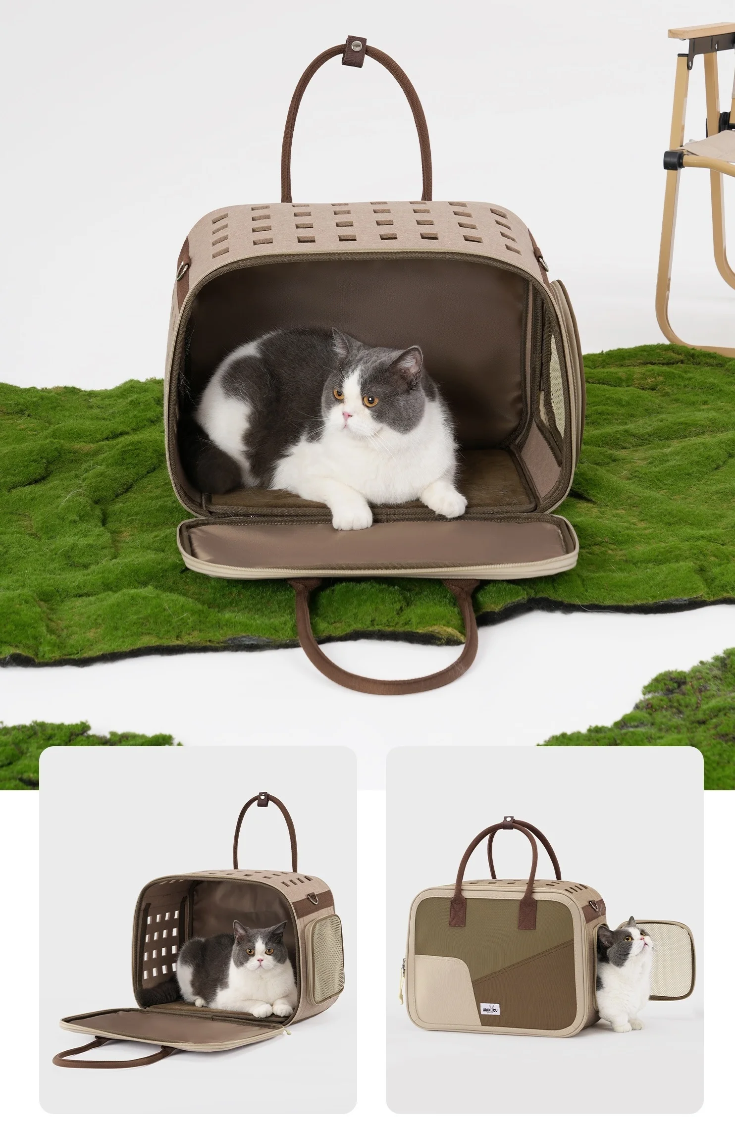 Transportín de lujo para mascotas, bolsa para mascotas de gran capacidad para perros y gatos, bolsa transportadora plegable de cara suave para gatos, bolsa portadora para perros, bandolera marrón - imagen 5