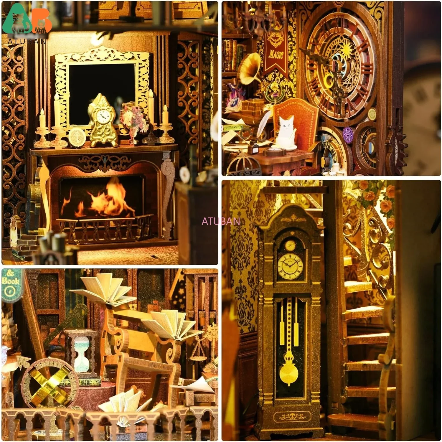ATUBAN Kits de rincón de libros DIY, rompecabezas de madera 3D, kits de modelos de sujetalibros decorativos con inserción de estantería con LED, Kit de casa de muñecas Diorama DIY - imagen 4