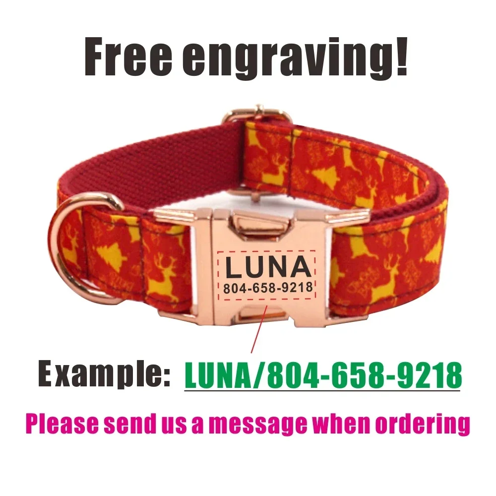 Collar de perro personalizado con grabado gratuito, correa para mascotas a juego, hebilla de Metal de contactos personalizados, Collar para mascotas con ciervos de Navidad - imagen 4
