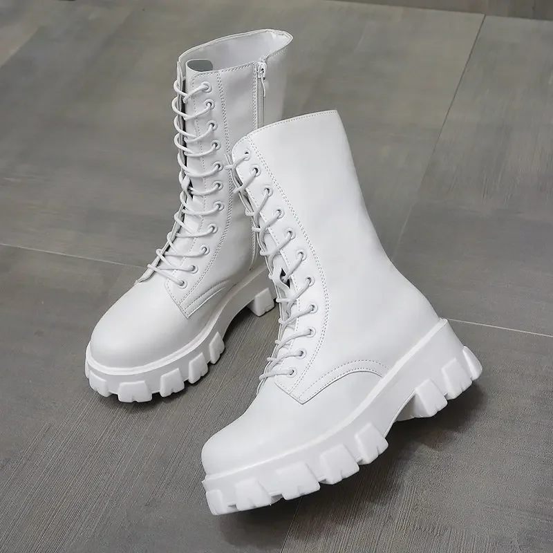 Botas de piel sintética con plataforma para mujer, botines góticos de combate Punk a media pantorrilla, color blanco, para otoño e invierno, 2024 - imagen 2