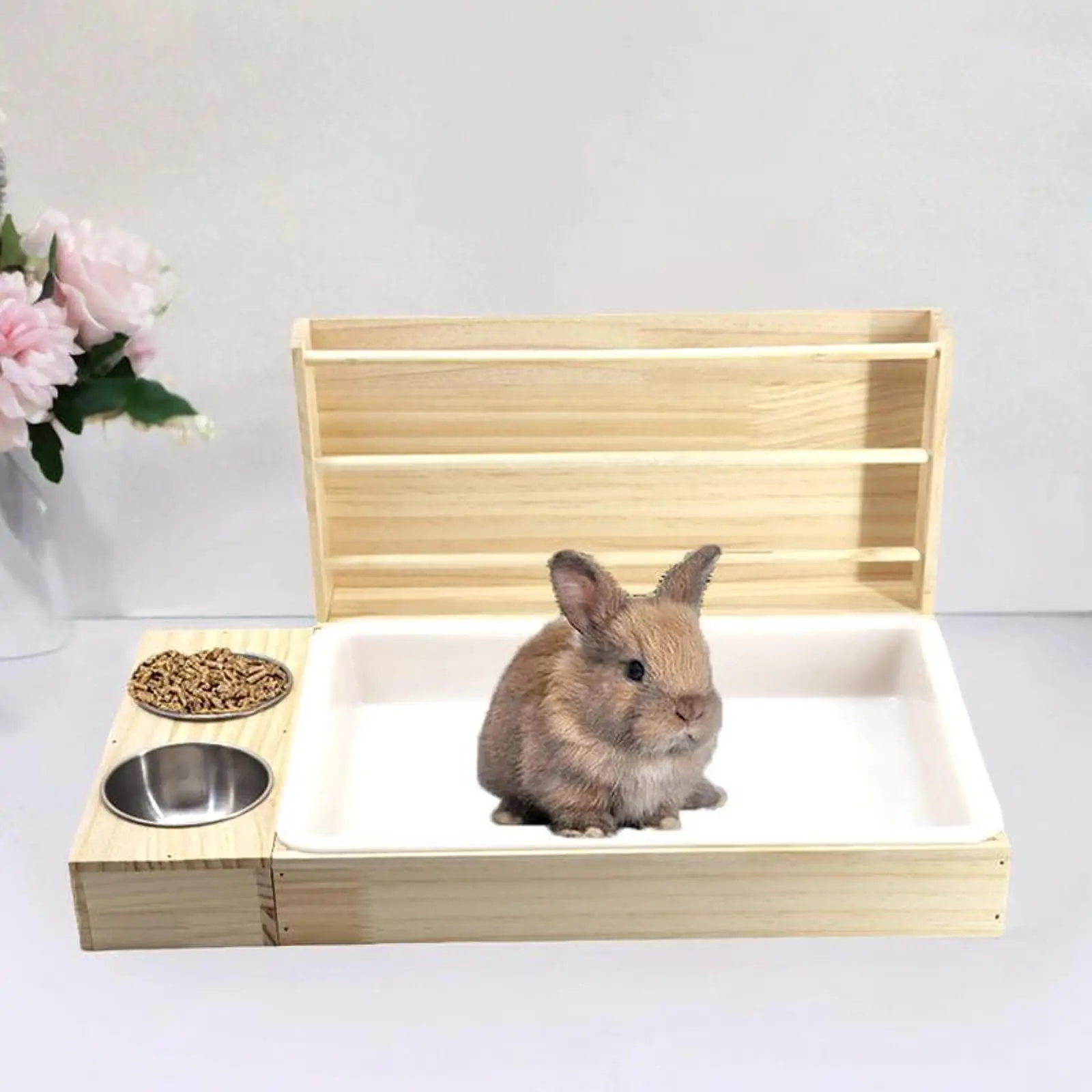 Comedero de heno para conejos con caja de arena, comedero de madera 3 en 1, soporte de heno para animales pequeños para conejos, conejillos de indias, hámster - imagen 3
