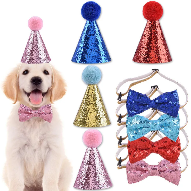 Gorro de cumpleaños y navidad con lazo, lentejuelas para gatos, perros - imagen 2