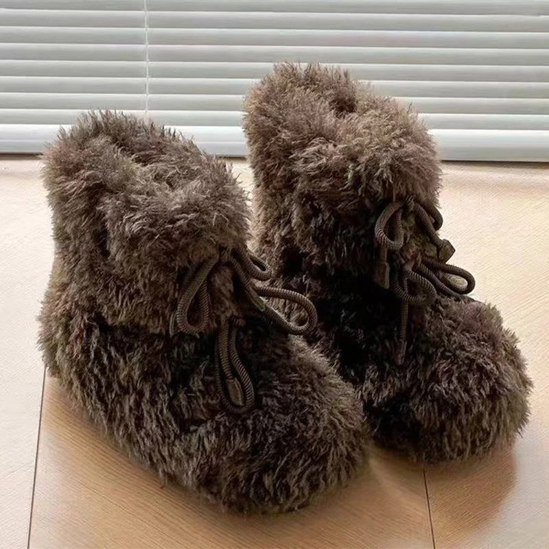 Botas de nieve de piel para mujer, zapatos planos de algodón cálidos de diseñador, nuevos botines de invierno a la moda, Botas deportivas acogedoras de felpa cortas para mujer