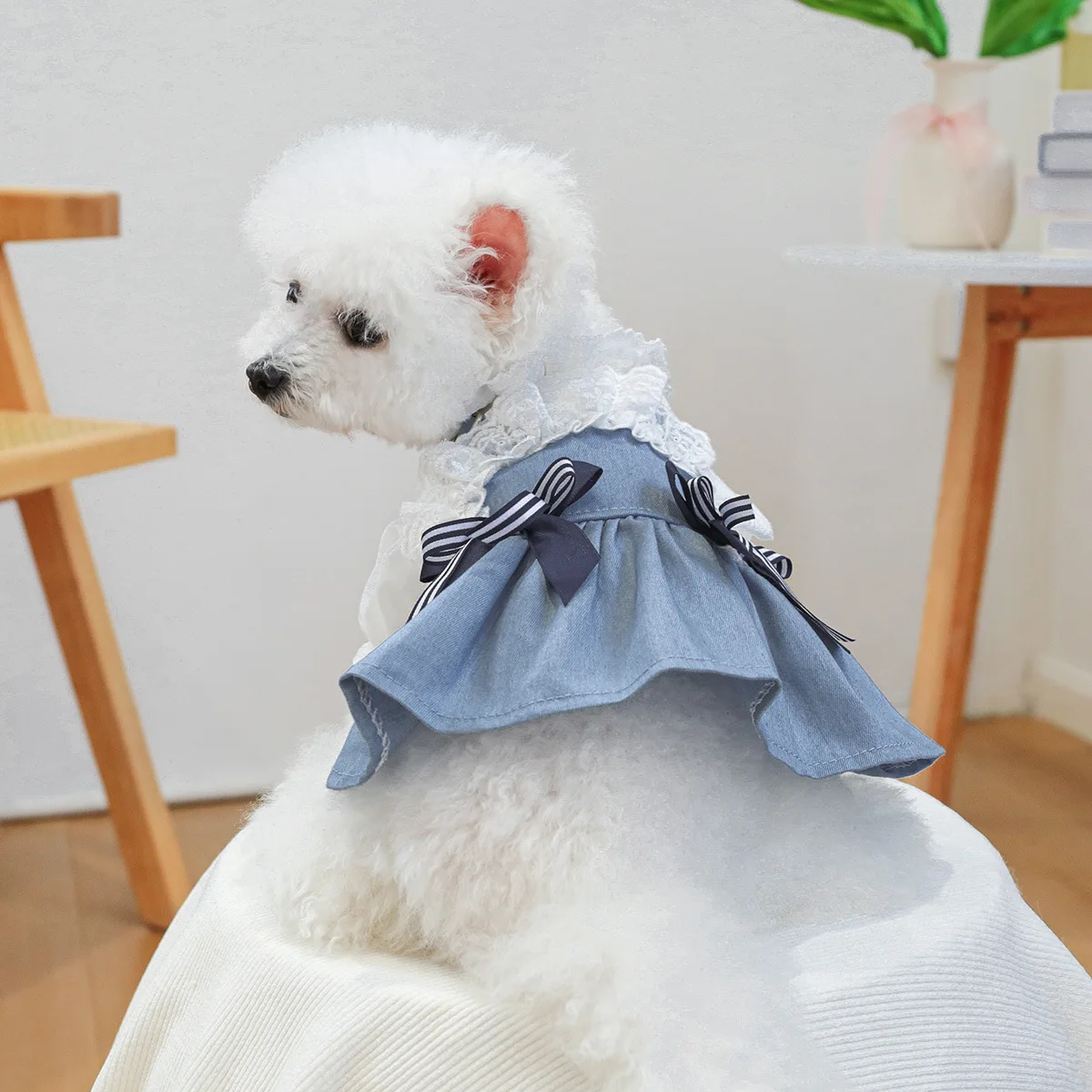 Falda con tirantes de vaquero para mascotas, conjunto de manga de capullo de flor para perros, ropa para gatos, falda de vaquero para primavera y otoño, ropa de Navidad para perros y cachorros - imagen 2